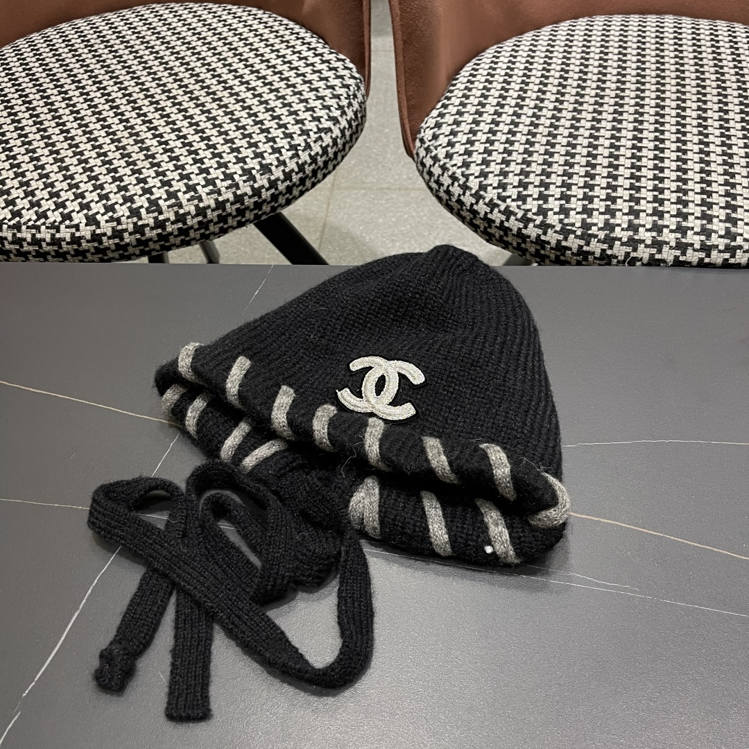  香奈儿(CHANEL) 2025新款韩版百搭绑带毛线帽子女秋冬季休闲出游包头帽通勤