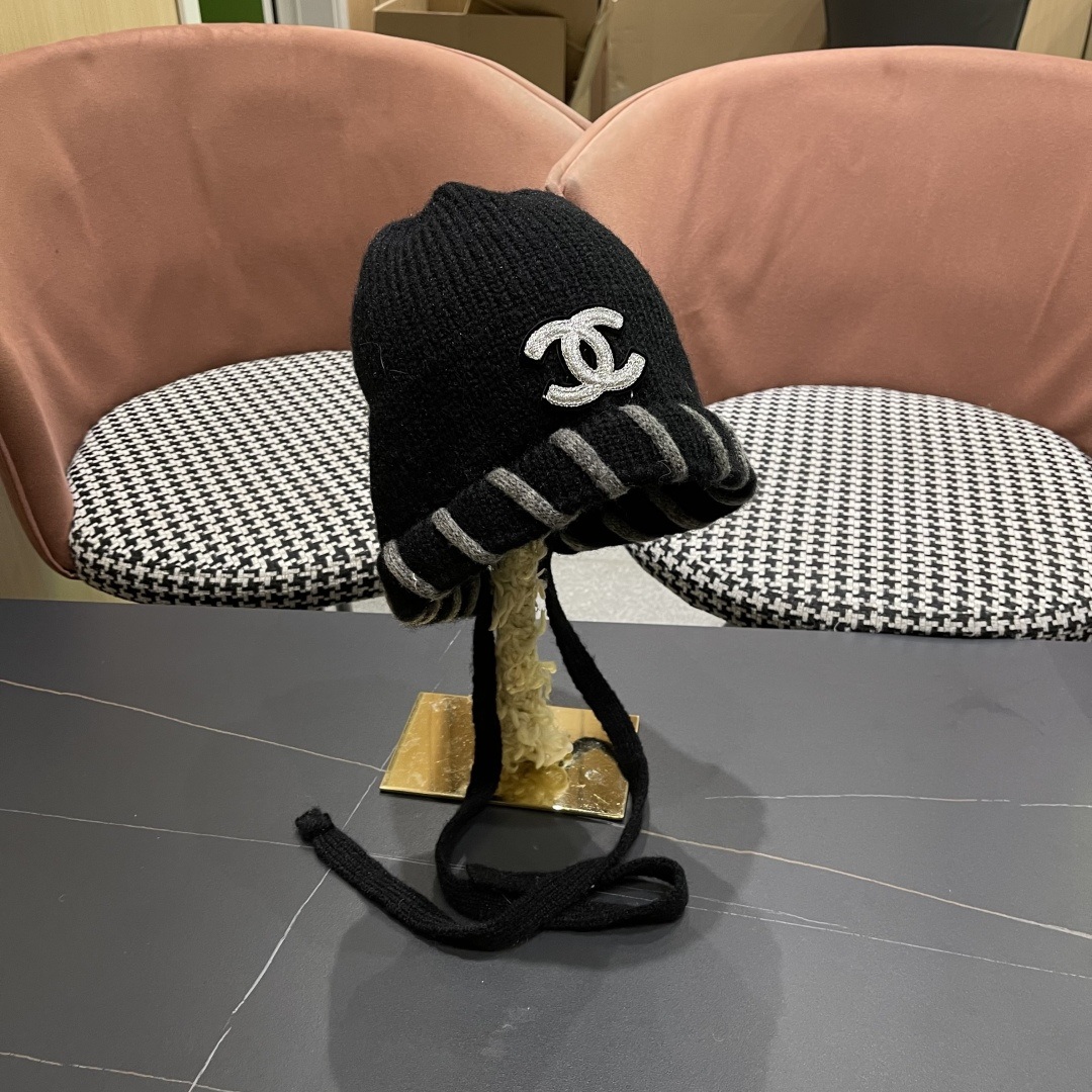  香奈儿(CHANEL) 2025新款韩版百搭绑带毛线帽子女秋冬季休闲出游包头帽通勤