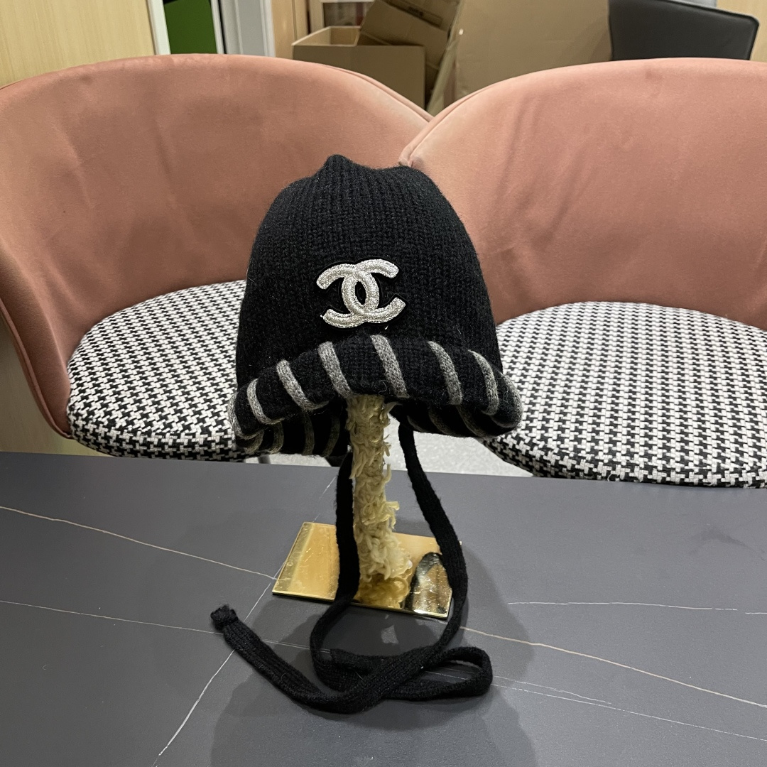  香奈儿(CHANEL) 2025新款韩版百搭绑带毛线帽子女秋冬季休闲出游包头帽通勤
