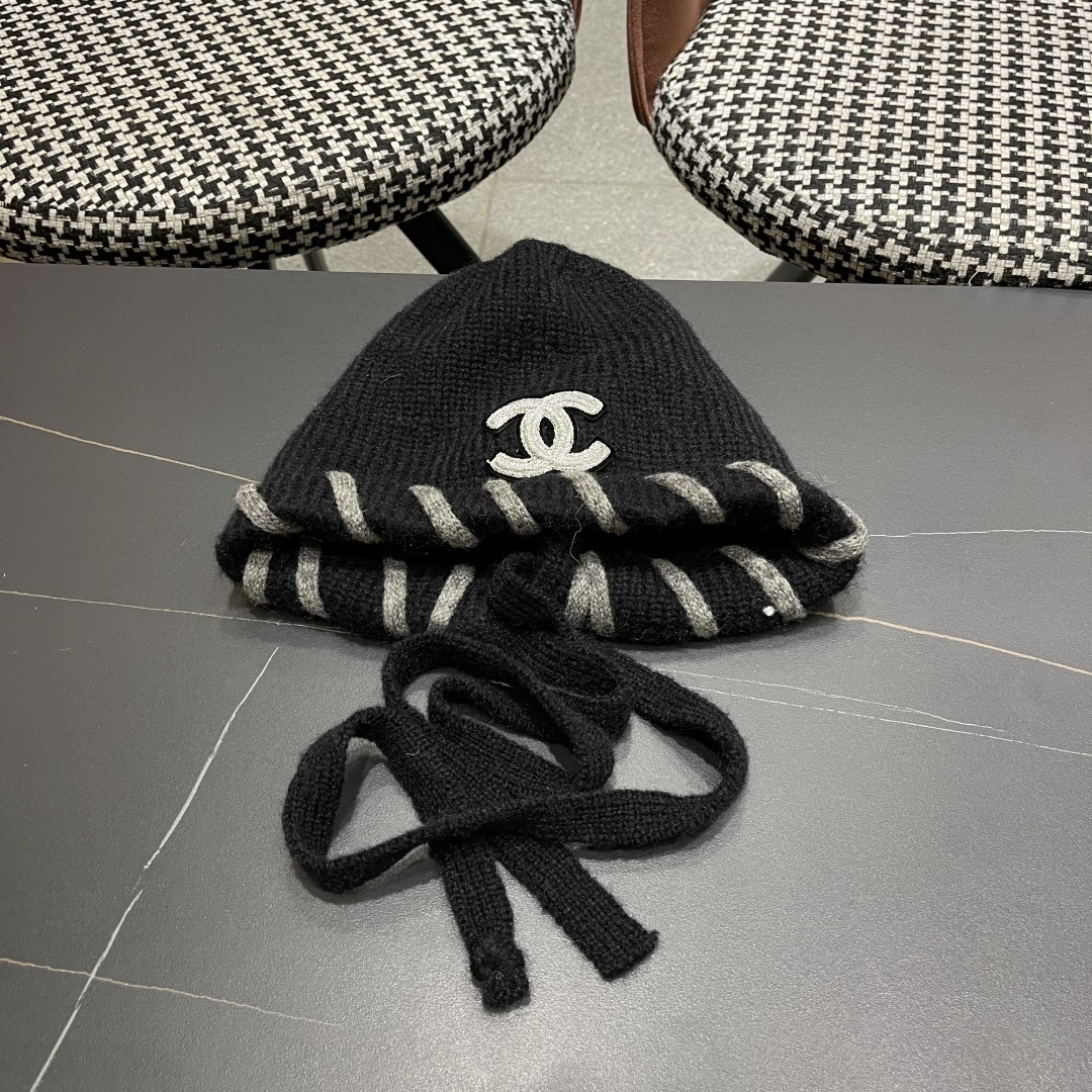  香奈儿(CHANEL) 2025新款韩版百搭绑带毛线帽子女秋冬季休闲出游包头帽通勤