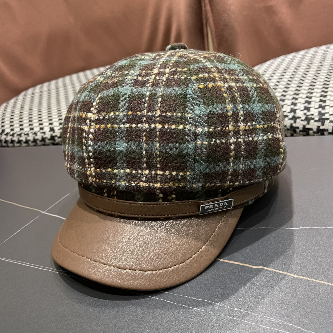  普拉达Prada秋冬新款韩版方格子毛呢八角帽女时尚百搭休闲复古画家帽潮