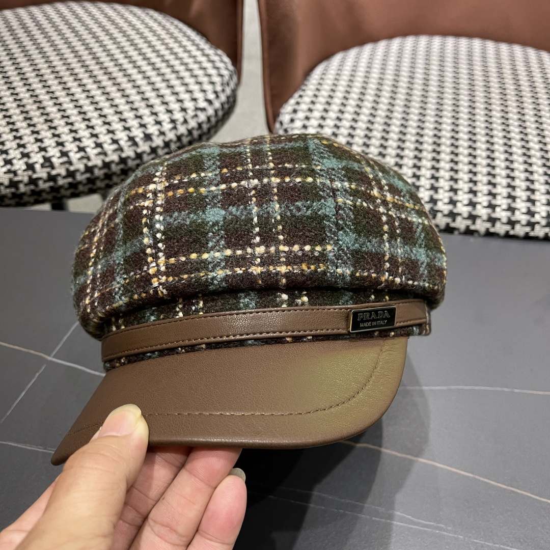  普拉达Prada秋冬新款韩版方格子毛呢八角帽女时尚百搭休闲复古画家帽潮