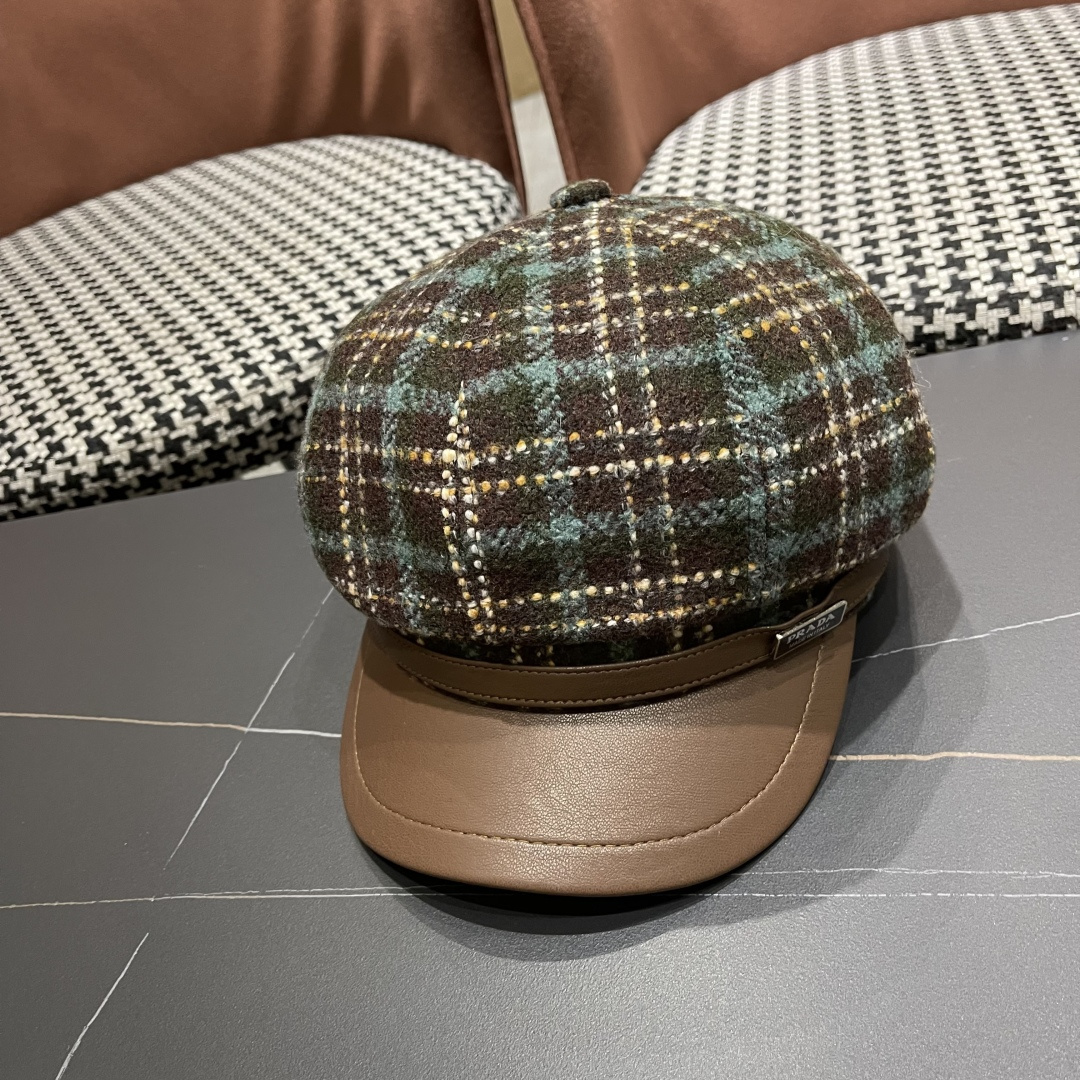  普拉达Prada秋冬新款韩版方格子毛呢八角帽女时尚百搭休闲复古画家帽潮