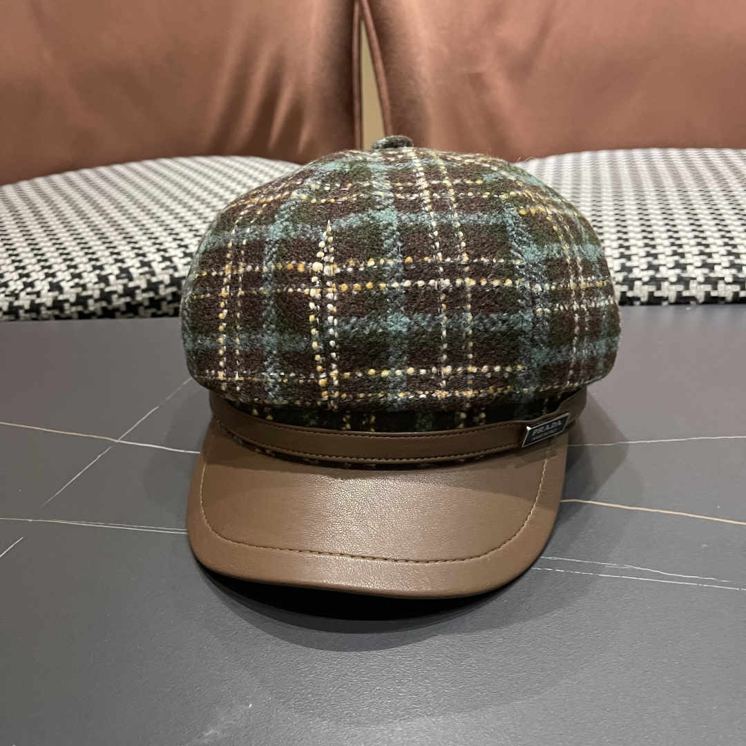  普拉达Prada秋冬新款韩版方格子毛呢八角帽女时尚百搭休闲复古画家帽潮