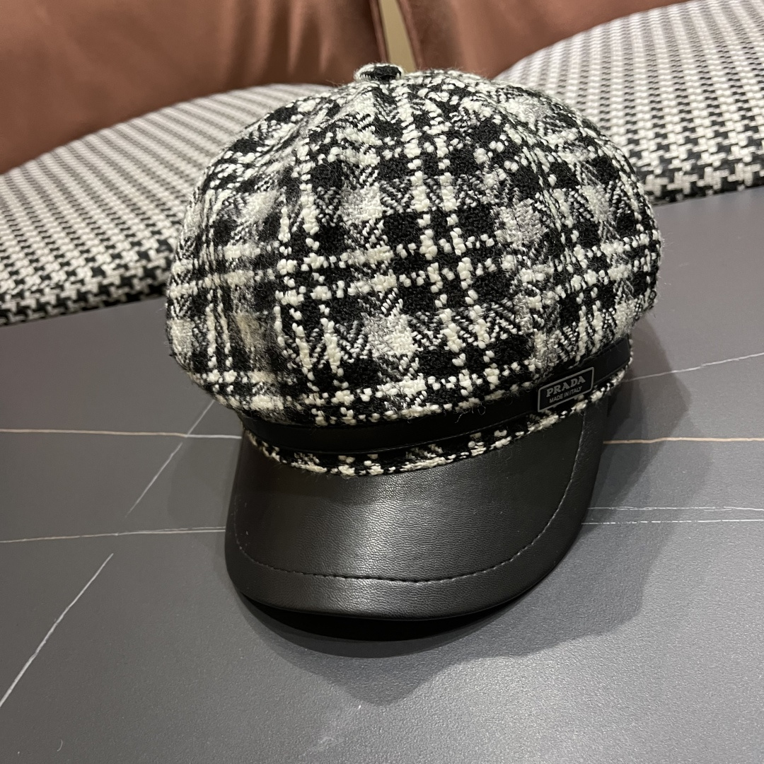  普拉达Prada秋冬新款韩版方格子毛呢八角帽女时尚百搭休闲复古画家帽潮