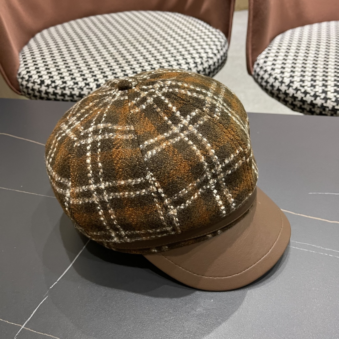  普拉达Prada秋冬新款韩版方格子毛呢八角帽女时尚百搭休闲复古画家帽潮