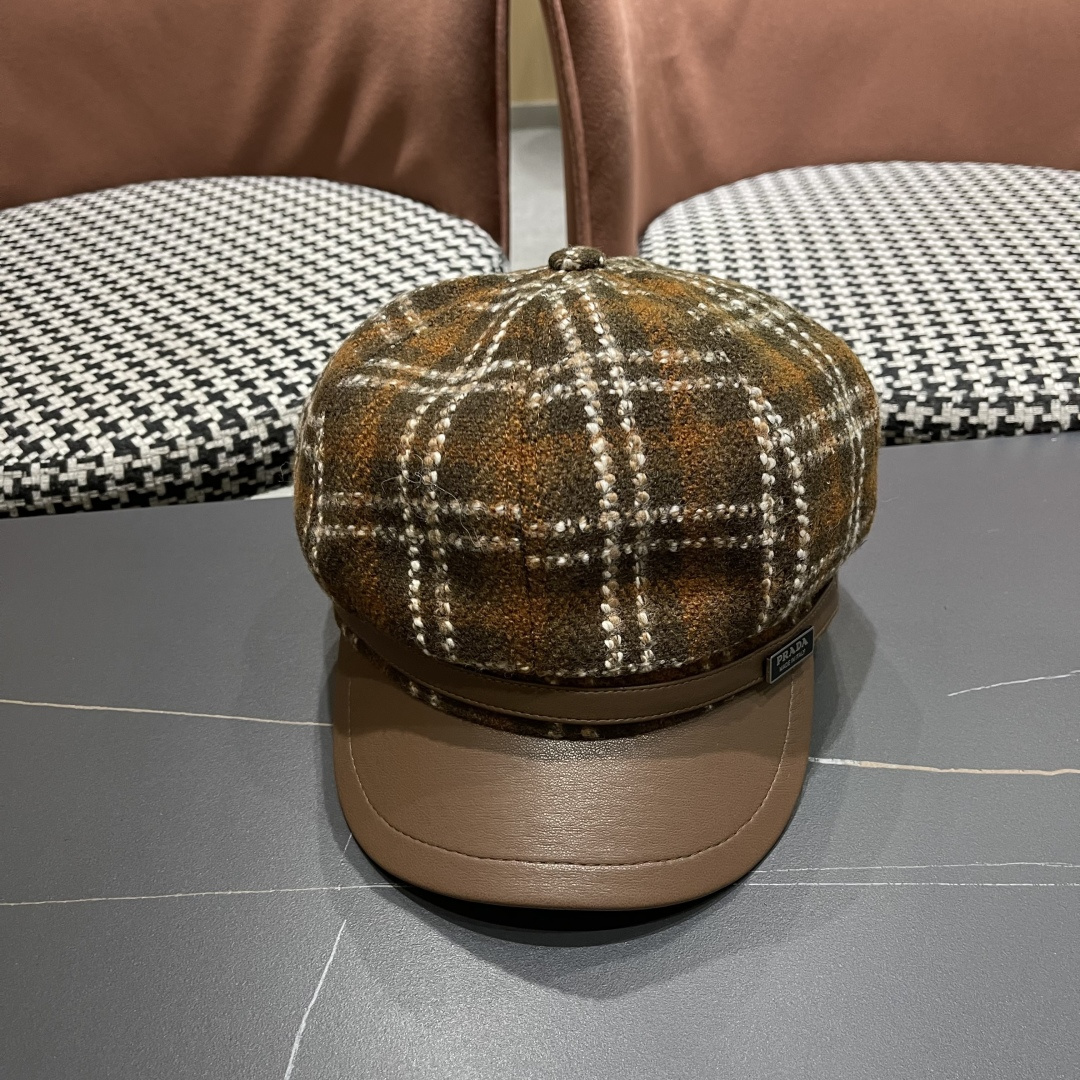  普拉达Prada秋冬新款韩版方格子毛呢八角帽女时尚百搭休闲复古画家帽潮