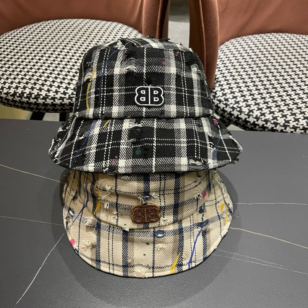  巴黎世家baliciaga2025新款格纹油彩渔夫帽子女百搭品脸小破洞，盆帽休闲时尚水桶帽男