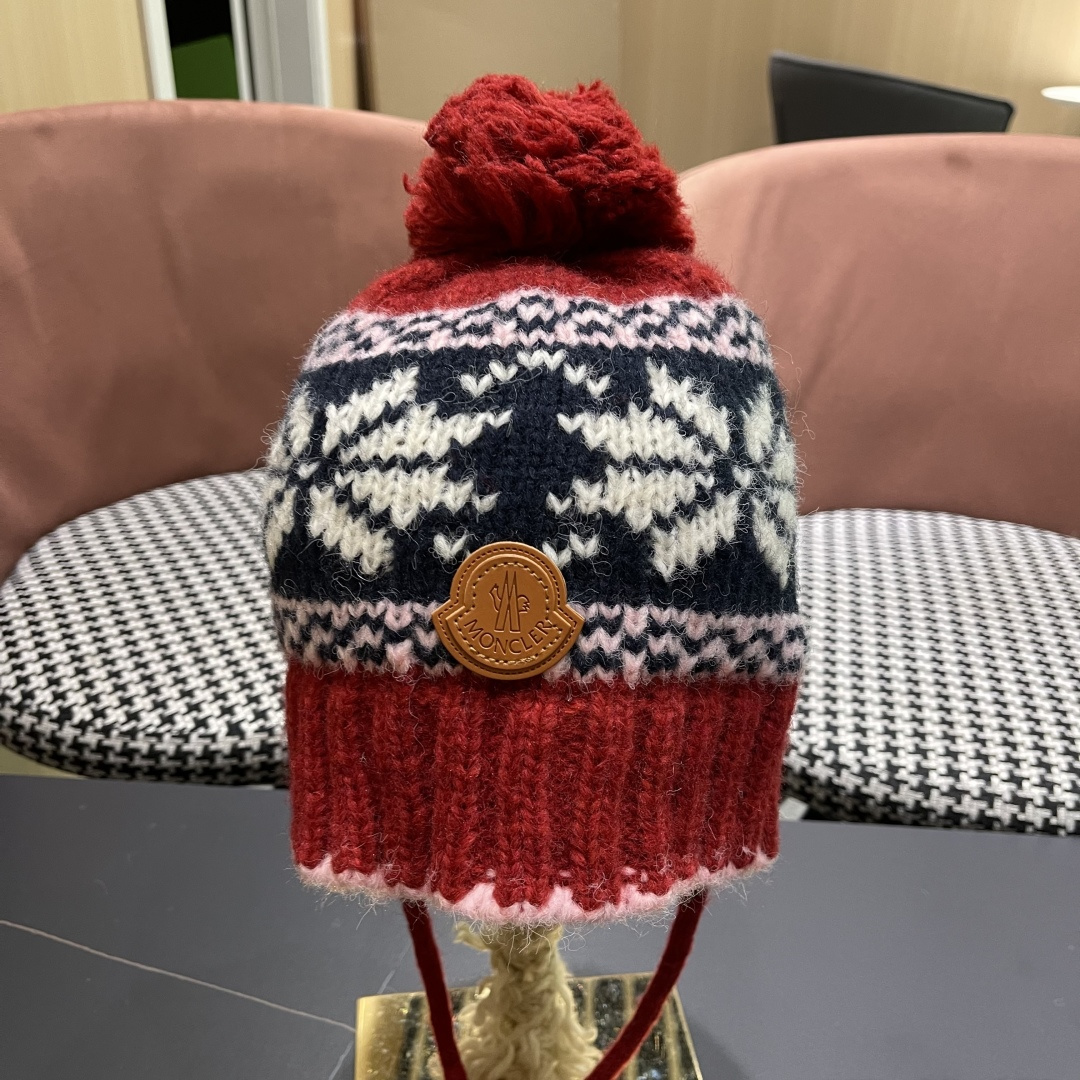  蒙口MONCLER 复古提花保暖针织帽子女2025秋冬季休闲百搭防寒护耳包头帽显脸小