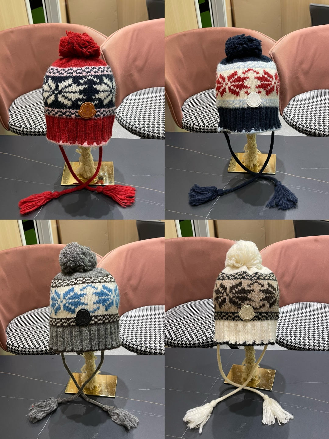  蒙口MONCLER 复古提花保暖针织帽子女2025秋冬季休闲百搭防寒护耳包头帽显脸小