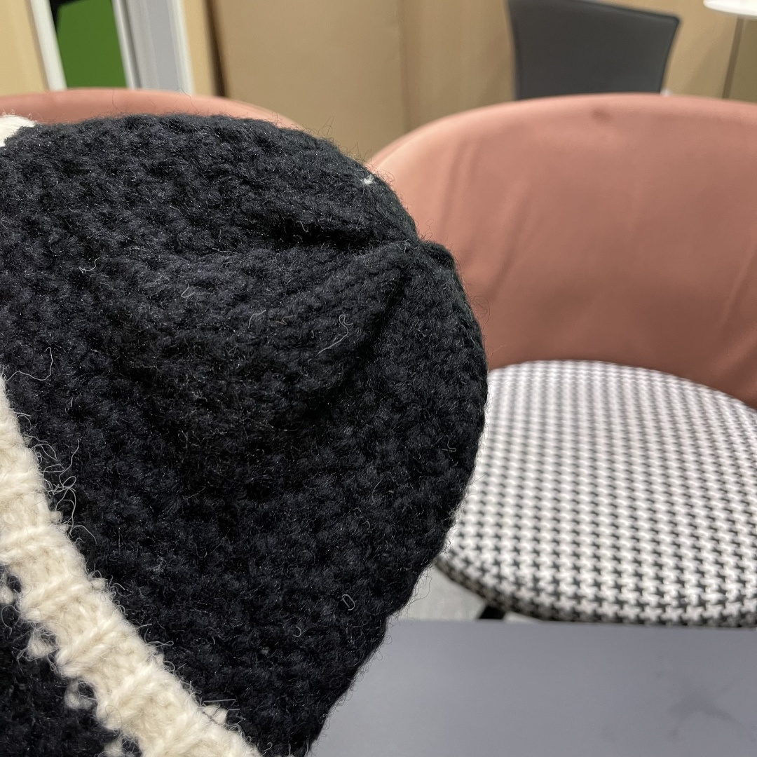  蒙口 毛线帽黑白条纹女秋冬拼色针织保暖大头围包头帽