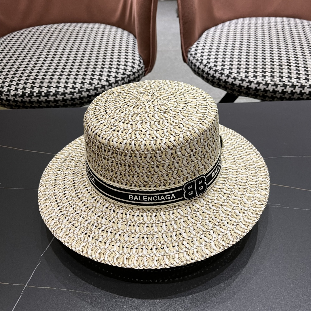  巴黎世家 夏季新款草帽女平顶遮阳防晒帽小香风织带沙滩游玩太阳帽