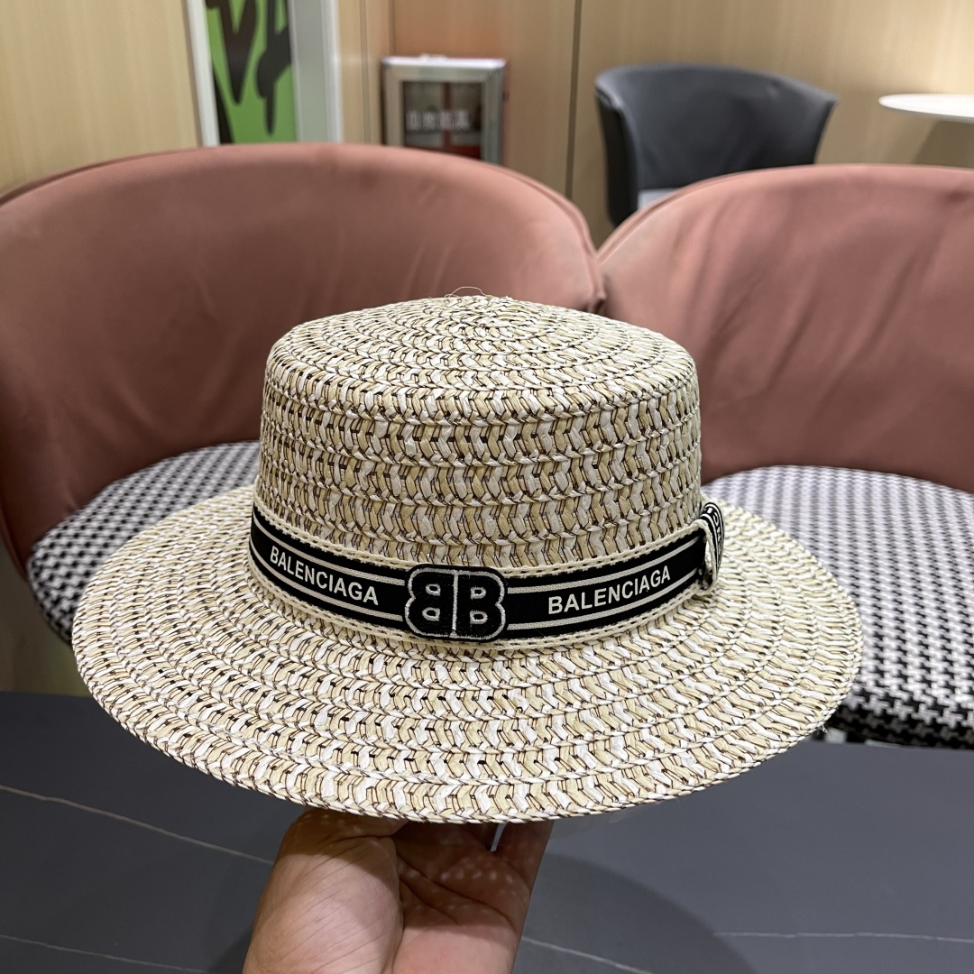  巴黎世家 夏季新款草帽女平顶遮阳防晒帽小香风织带沙滩游玩太阳帽