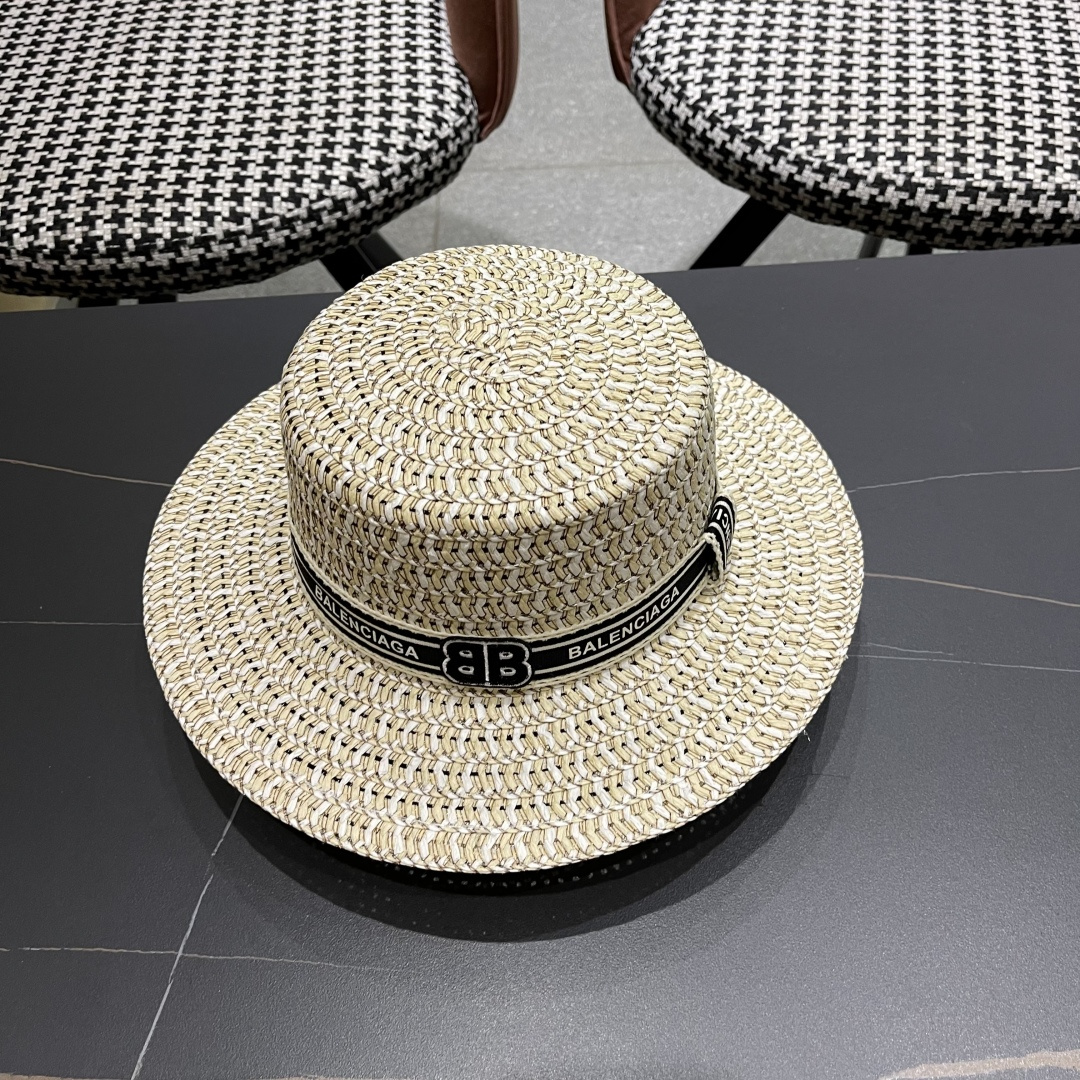  巴黎世家 夏季新款草帽女平顶遮阳防晒帽小香风织带沙滩游玩太阳帽