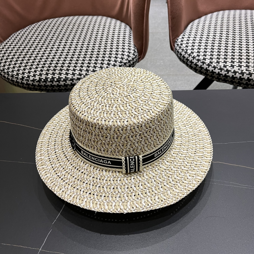  巴黎世家 夏季新款草帽女平顶遮阳防晒帽小香风织带沙滩游玩太阳帽