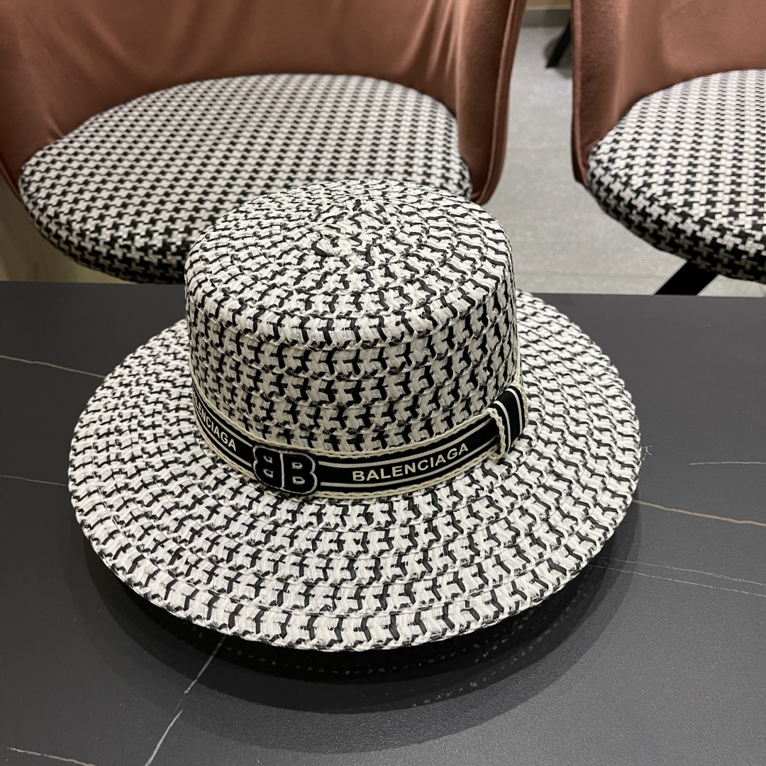  巴黎世家 夏季新款草帽女平顶遮阳防晒帽小香风织带沙滩游玩太阳帽