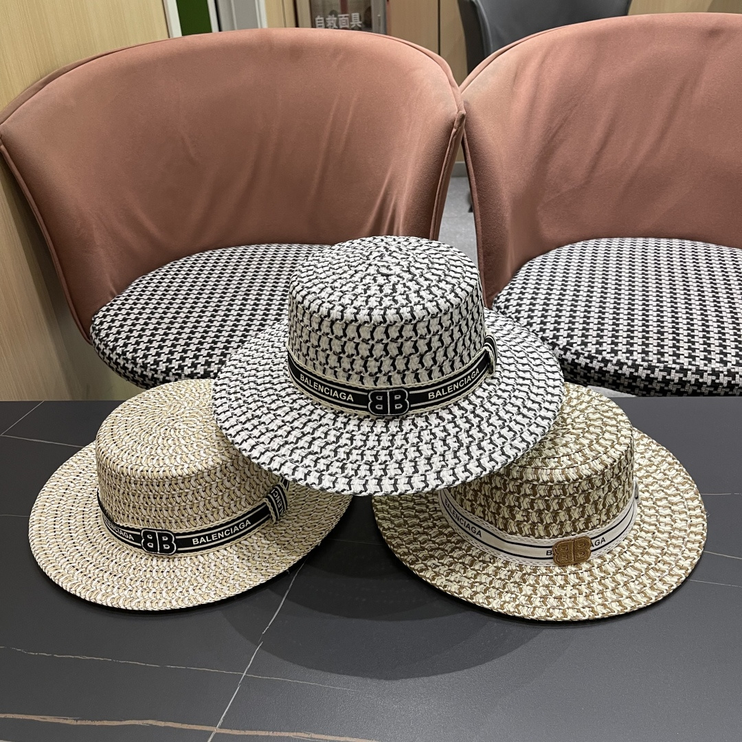  巴黎世家 夏季新款草帽女平顶遮阳防晒帽小香风织带沙滩游玩太阳帽