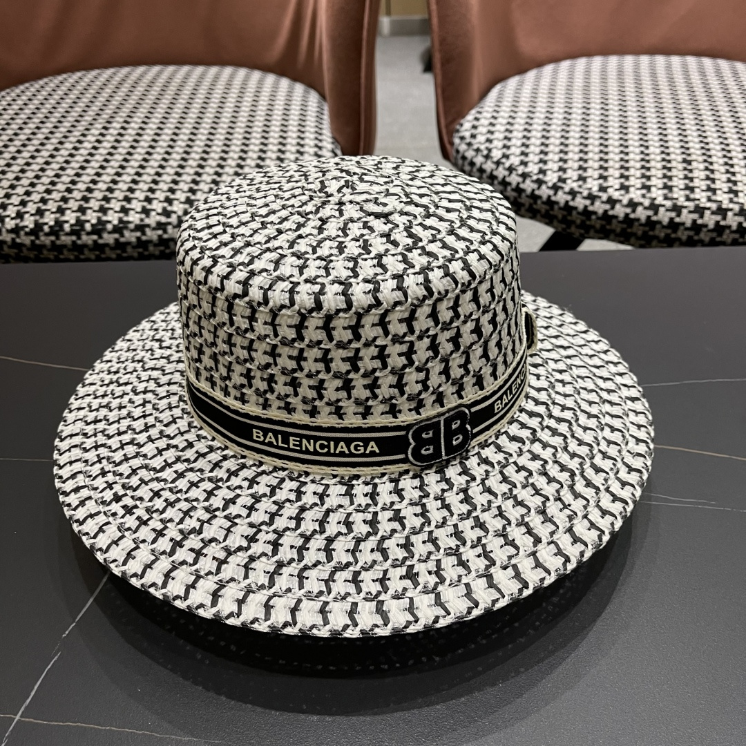  巴黎世家 夏季新款草帽女平顶遮阳防晒帽小香风织带沙滩游玩太阳帽