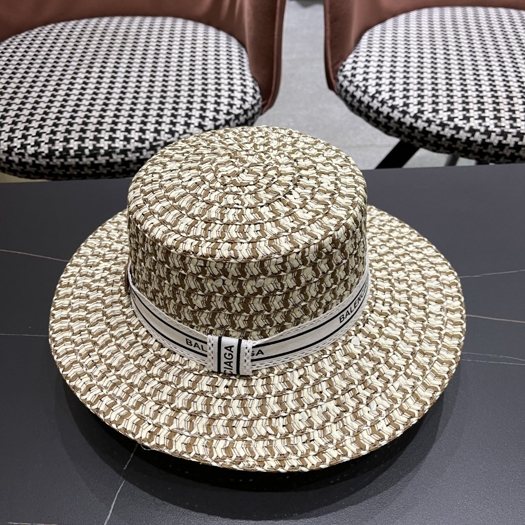  巴黎世家 夏季新款草帽女平顶遮阳防晒帽小香风织带沙滩游玩太阳帽