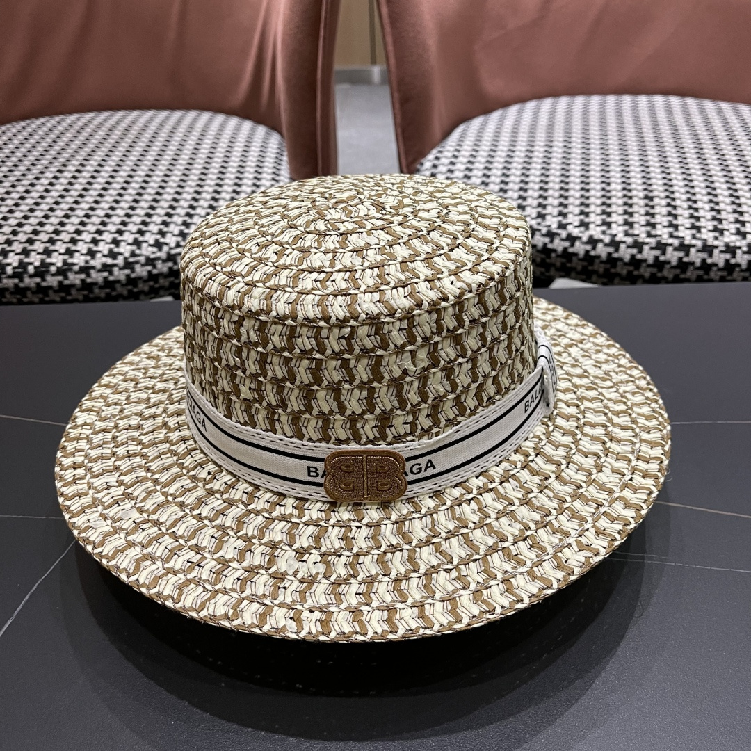  巴黎世家 夏季新款草帽女平顶遮阳防晒帽小香风织带沙滩游玩太阳帽