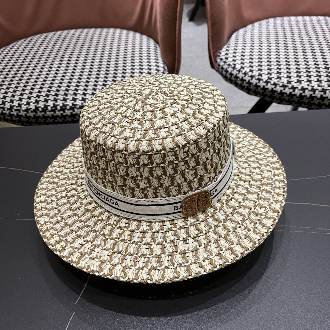  巴黎世家 夏季新款草帽女平顶遮阳防晒帽小香风织带沙滩游玩太阳帽