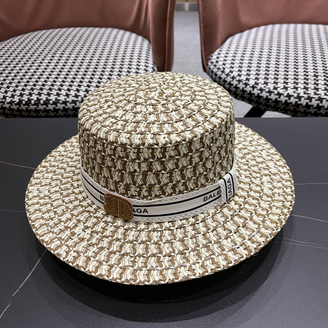  巴黎世家 夏季新款草帽女平顶遮阳防晒帽小香风织带沙滩游玩太阳帽