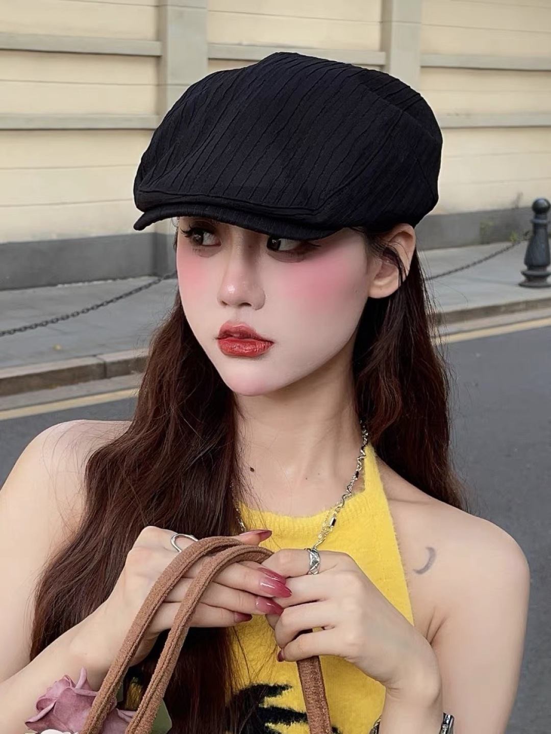  蒙口 简约风前进帽子女2025春款复古百搭贝雷帽韩
版时尚画家帽显脸小潮