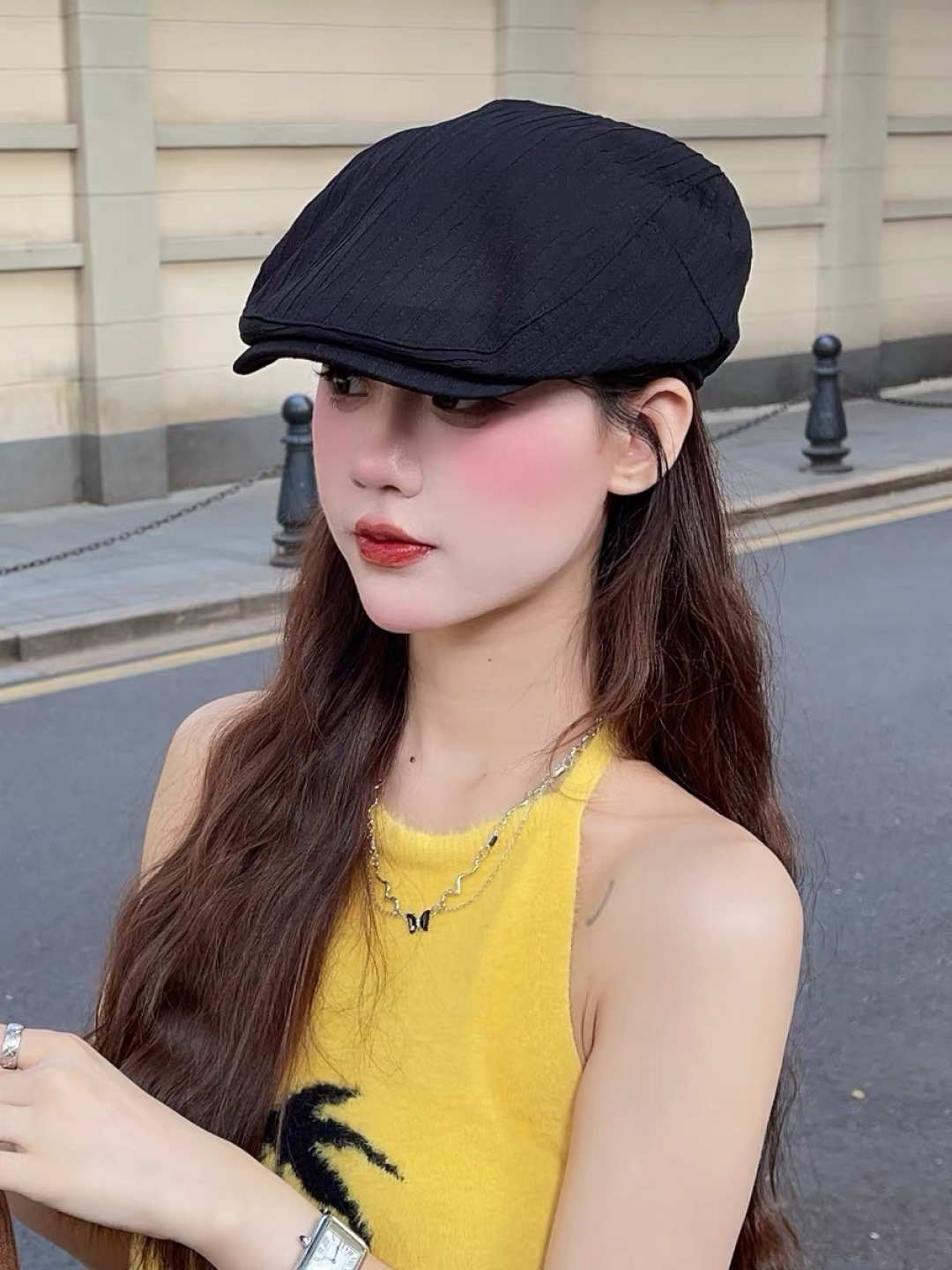  蒙口 简约风前进帽子女2025春款复古百搭贝雷帽韩
版时尚画家帽显脸小潮