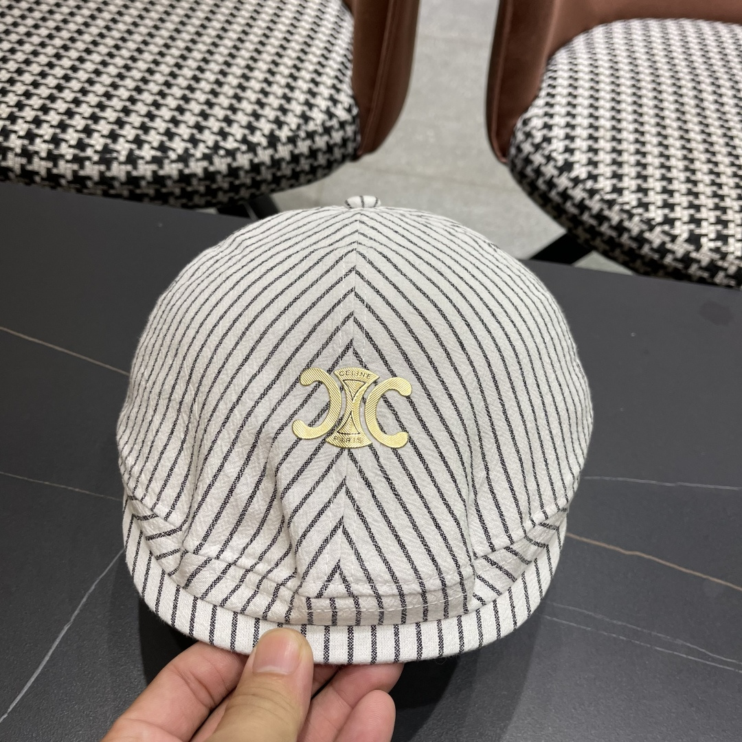  赛琳 CELINE 日系条纹前进帽女2025新款春夏季复
古百搭贝雷帽个性反戴鸭舌帽子