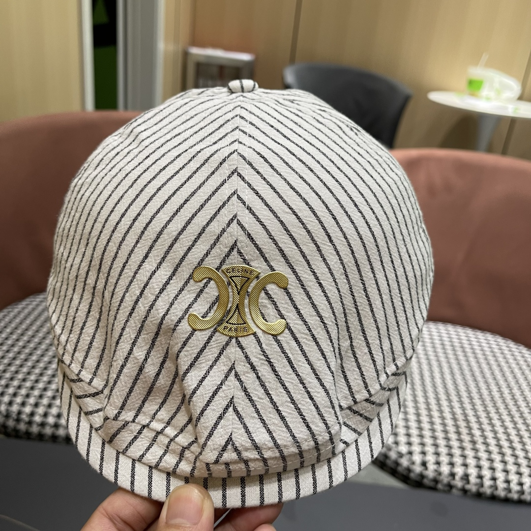  赛琳 CELINE 日系条纹前进帽女2025新款春夏季复
古百搭贝雷帽个性反戴鸭舌帽子