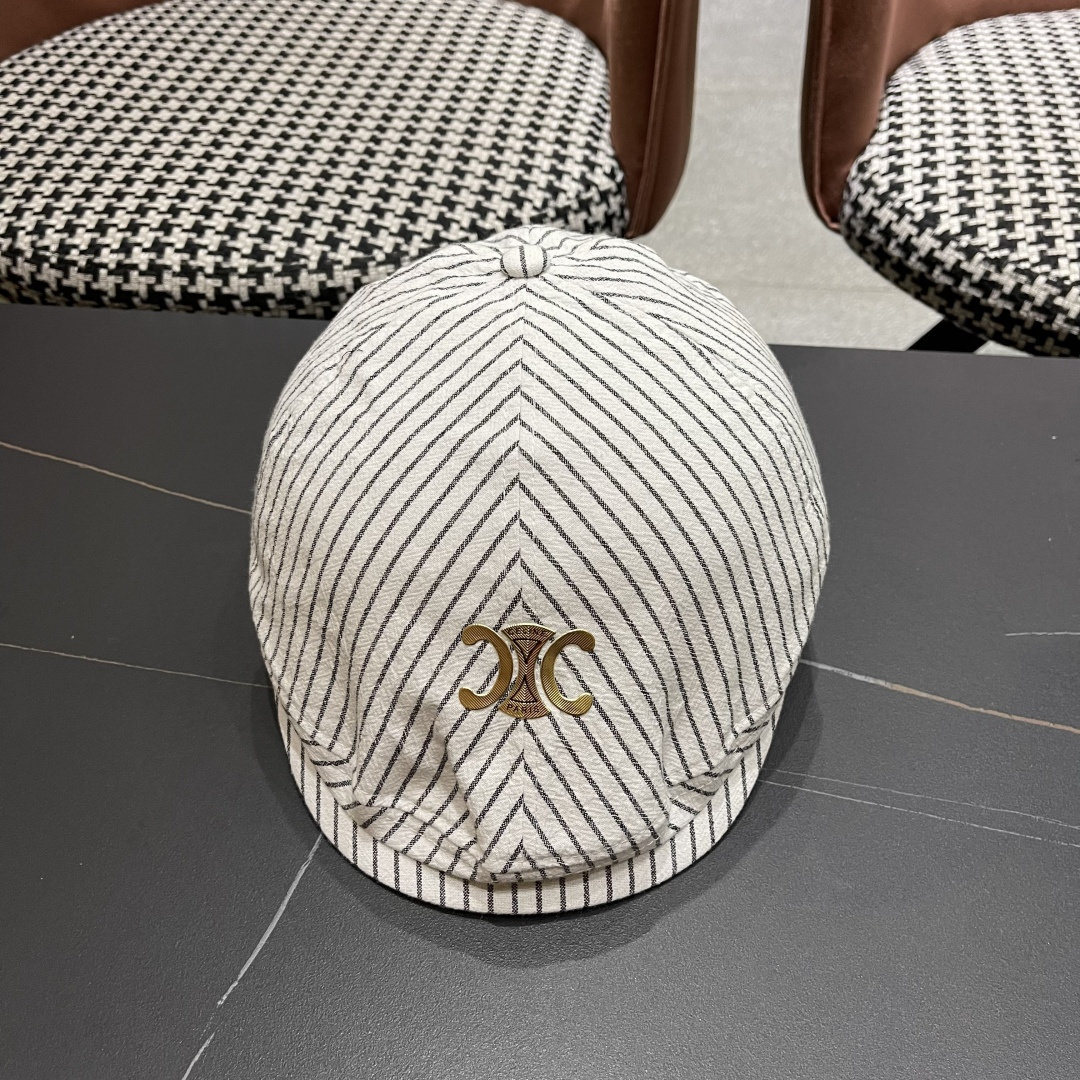  赛琳 CELINE 日系条纹前进帽女2025新款春夏季复
古百搭贝雷帽个性反戴鸭舌帽子