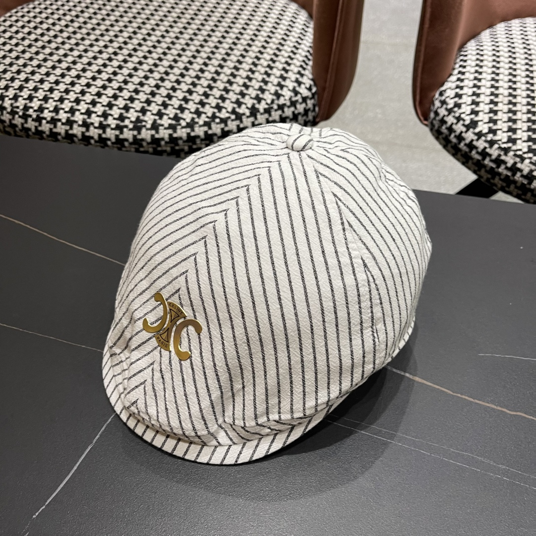  赛琳 CELINE 日系条纹前进帽女2025新款春夏季复
古百搭贝雷帽个性反戴鸭舌帽子