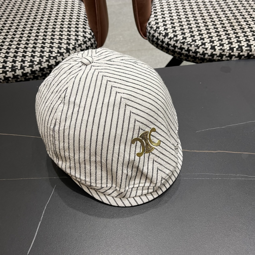  赛琳 CELINE 日系条纹前进帽女2025新款春夏季复
古百搭贝雷帽个性反戴鸭舌帽子