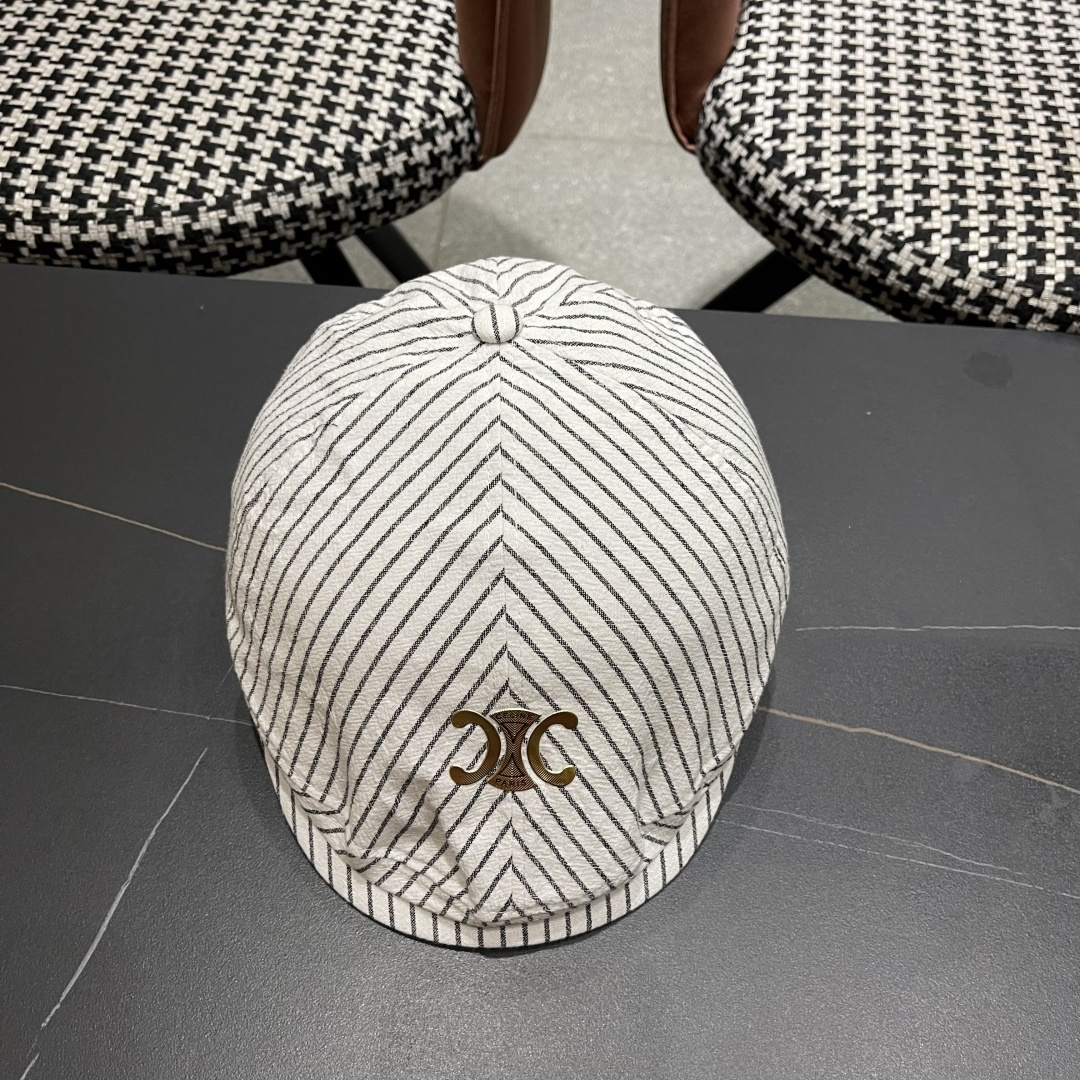  赛琳 CELINE 日系条纹前进帽女2025新款春夏季复
古百搭贝雷帽个性反戴鸭舌帽子