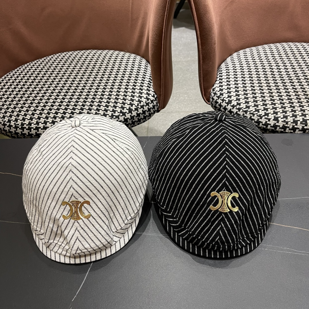  赛琳 CELINE 日系条纹前进帽女2025新款春夏季复
古百搭贝雷帽个性反戴鸭舌帽子