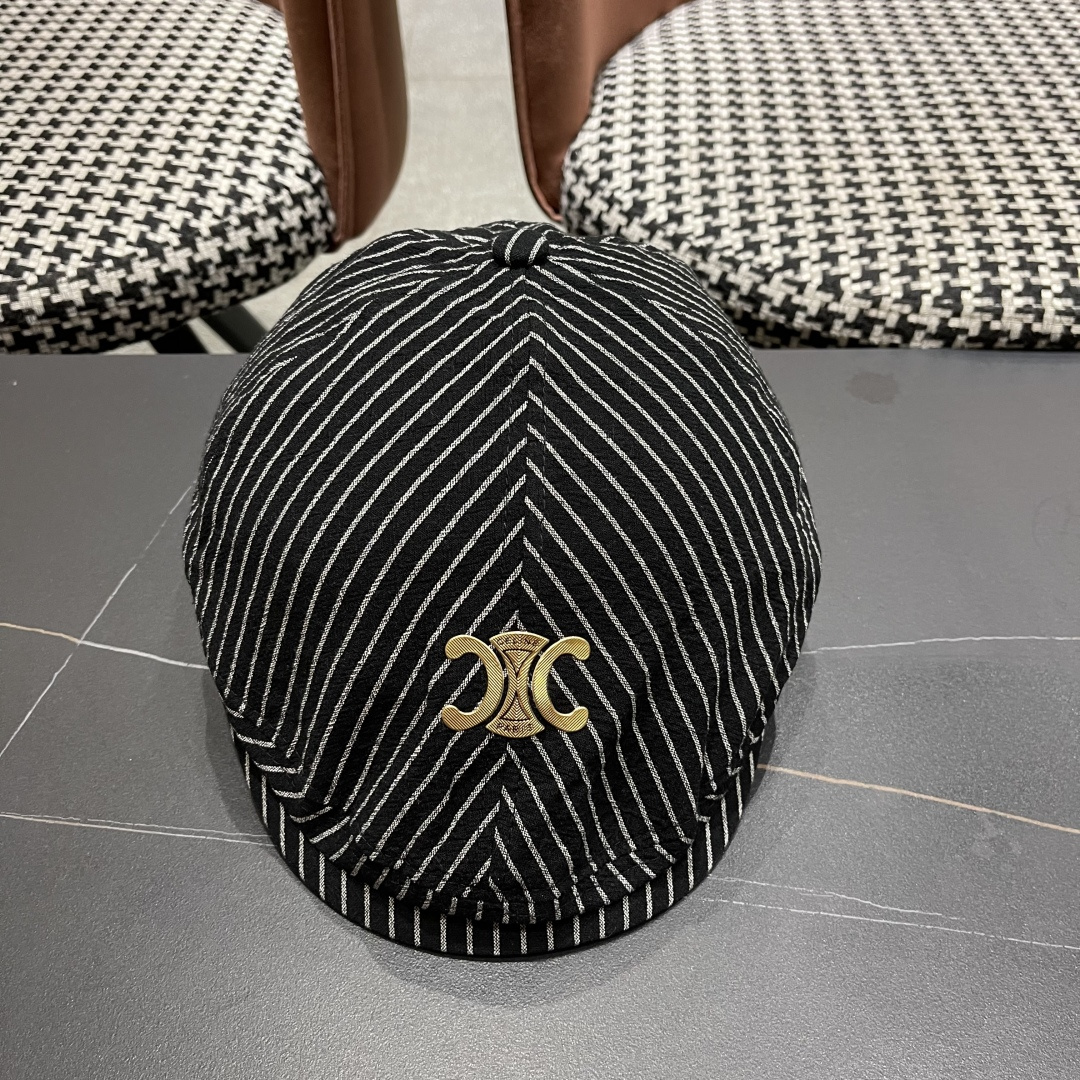  赛琳 CELINE 日系条纹前进帽女2025新款春夏季复
古百搭贝雷帽个性反戴鸭舌帽子