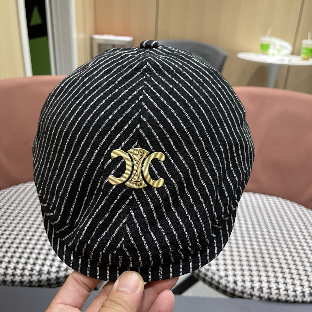  赛琳 CELINE 日系条纹前进帽女2025新款春夏季复
古百搭贝雷帽个性反戴鸭舌帽子