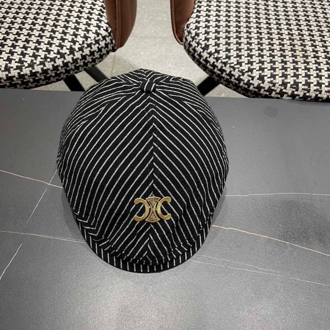  赛琳 CELINE 日系条纹前进帽女2025新款春夏季复
古百搭贝雷帽个性反戴鸭舌帽子