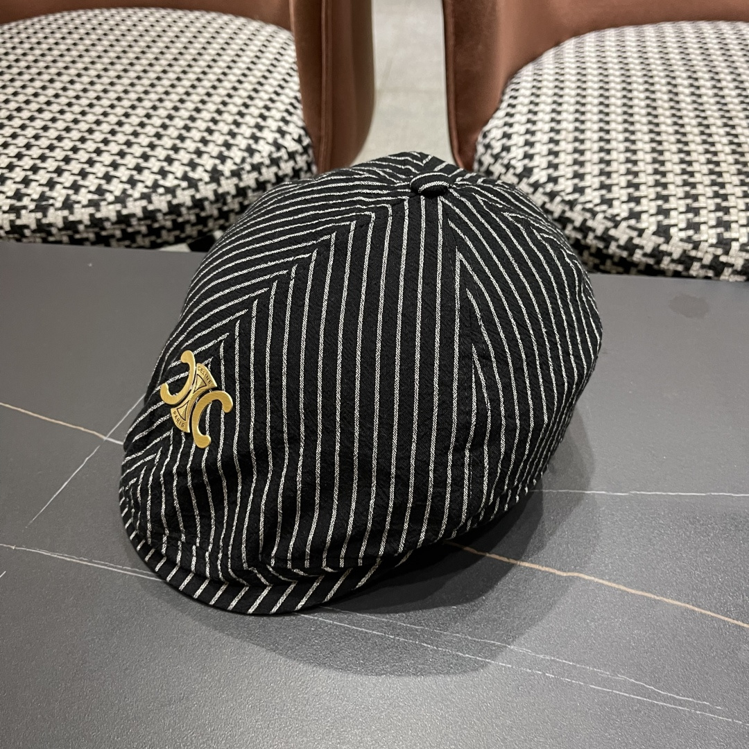  赛琳 CELINE 日系条纹前进帽女2025新款春夏季复
古百搭贝雷帽个性反戴鸭舌帽子