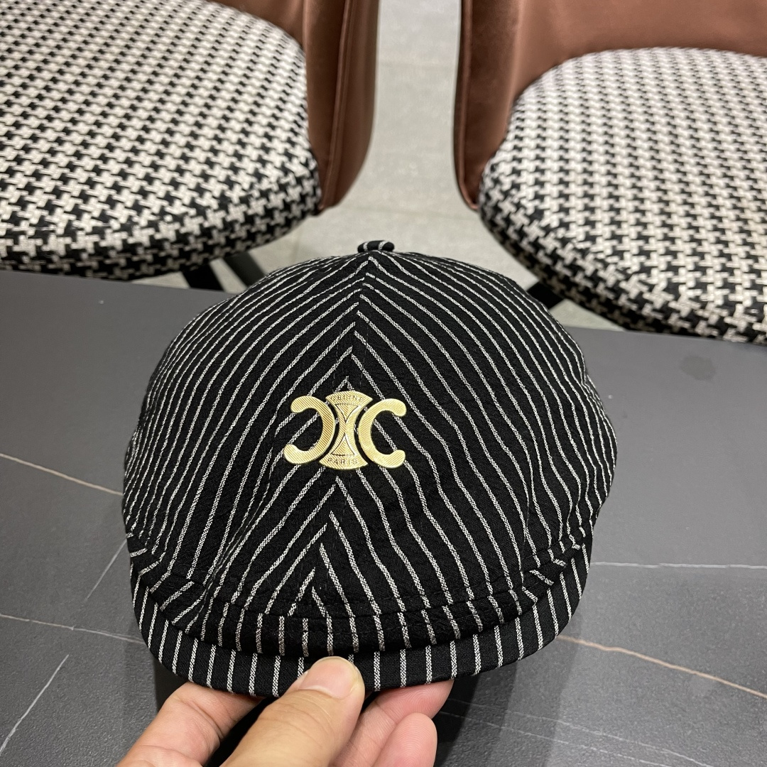  赛琳 CELINE 日系条纹前进帽女2025新款春夏季复
古百搭贝雷帽个性反戴鸭舌帽子