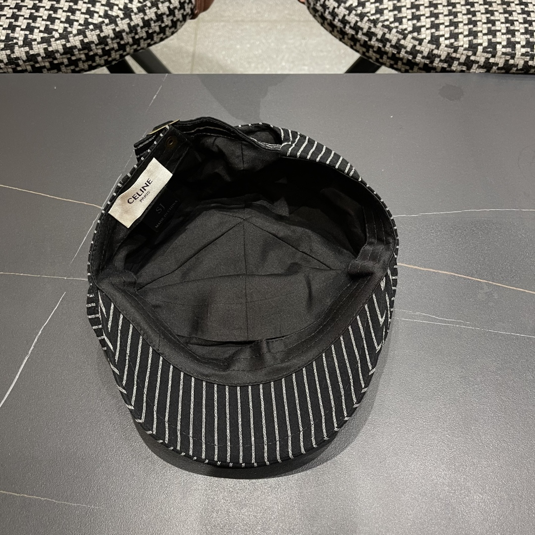  赛琳 CELINE 日系条纹前进帽女2025新款春夏季复
古百搭贝雷帽个性反戴鸭舌帽子