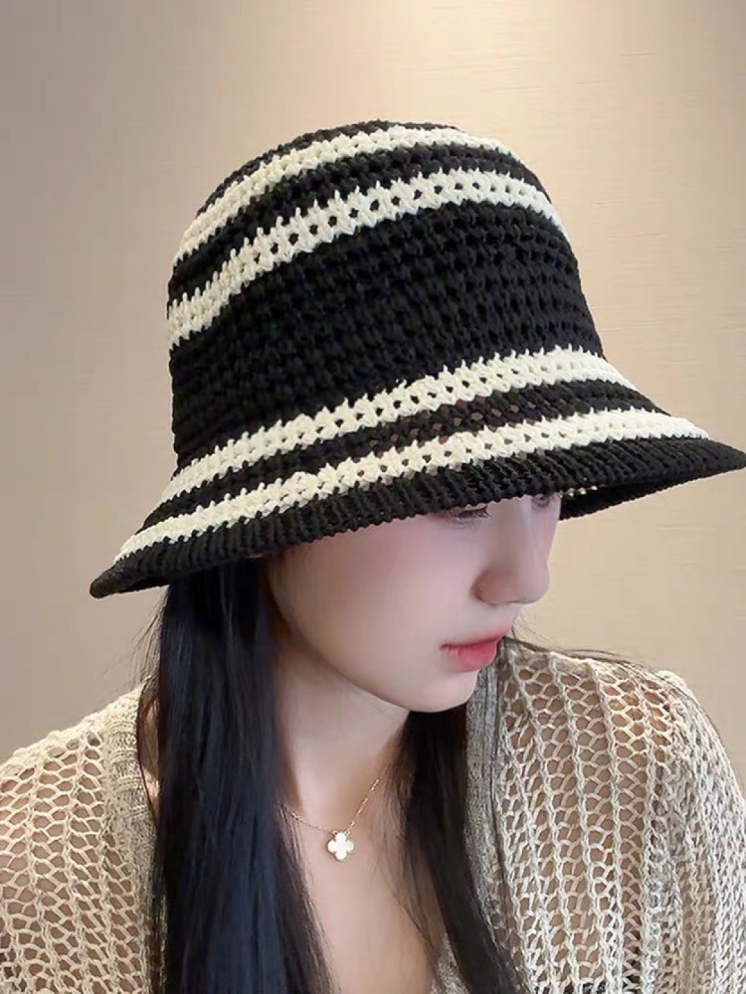  Burberry巴宝莉新款猫条纹草编镂空渔夫帽女2025夏季韩版透气遮脸防晒帽春夏出游盆帽