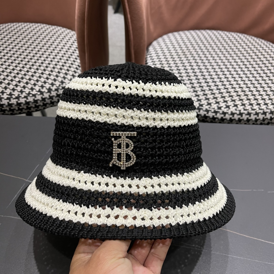  Burberry巴宝莉新款猫条纹草编镂空渔夫帽女2025夏季韩版透气遮脸防晒帽春夏出游盆帽