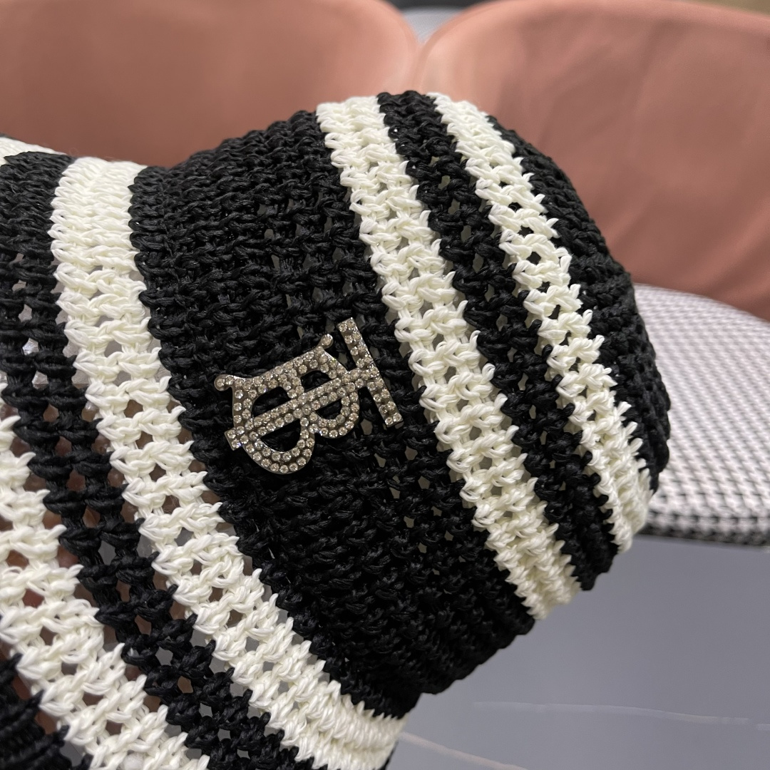  Burberry巴宝莉新款猫条纹草编镂空渔夫帽女2025夏季韩版透气遮脸防晒帽春夏出游盆帽