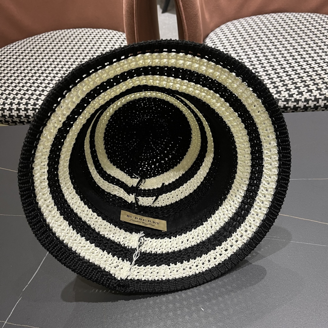  Burberry巴宝莉新款猫条纹草编镂空渔夫帽女2025夏季韩版透气遮脸防晒帽春夏出游盆帽