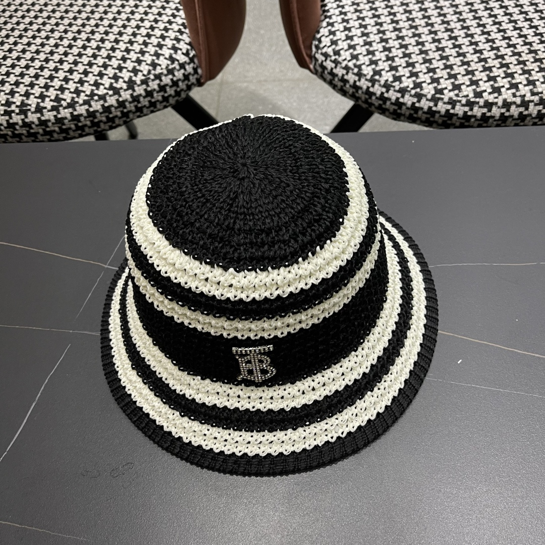  Burberry巴宝莉新款猫条纹草编镂空渔夫帽女2025夏季韩版透气遮脸防晒帽春夏出游盆帽