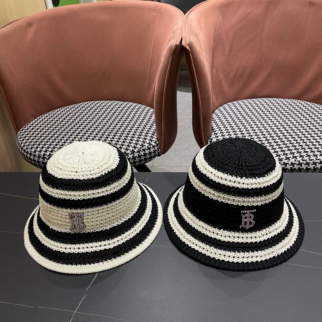  Burberry巴宝莉新款猫条纹草编镂空渔夫帽女2025夏季韩版透气遮脸防晒帽春夏出游盆帽