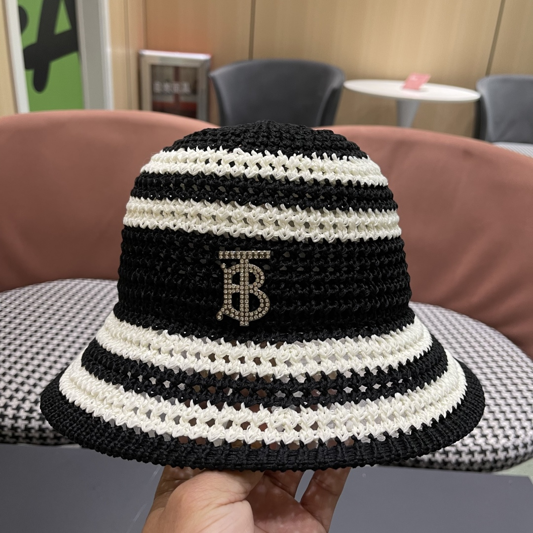 Burberry巴宝莉新款猫条纹草编镂空渔夫帽女2025夏季韩版透气遮脸防晒帽春夏出游盆帽