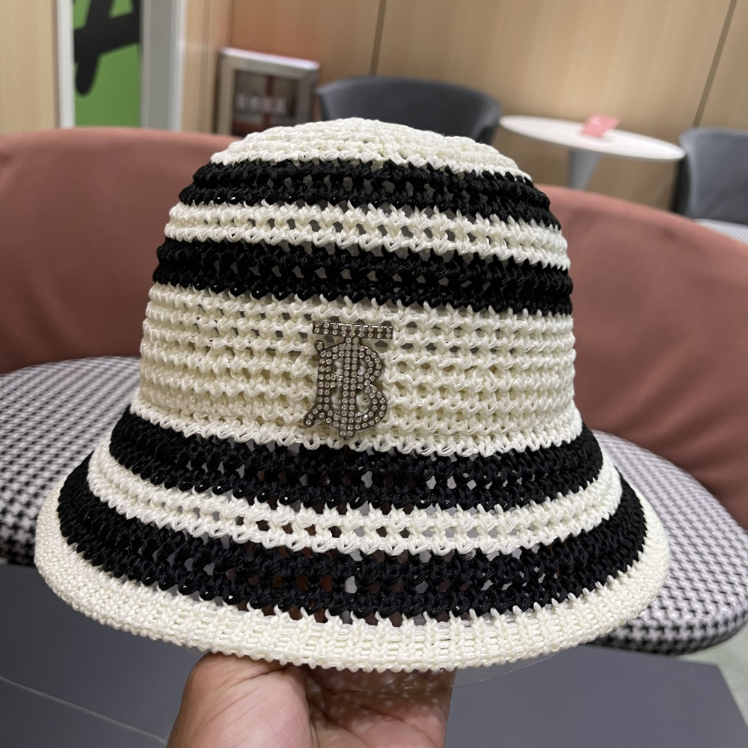  Burberry巴宝莉新款猫条纹草编镂空渔夫帽女2025夏季韩版透气遮脸防晒帽春夏出游盆帽