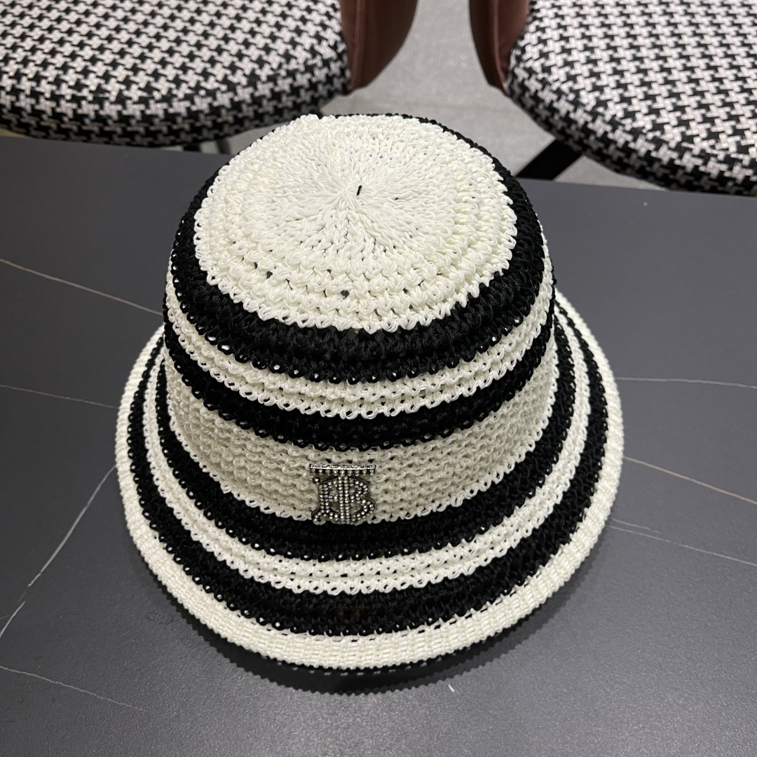  Burberry巴宝莉新款猫条纹草编镂空渔夫帽女2025夏季韩版透气遮脸防晒帽春夏出游盆帽